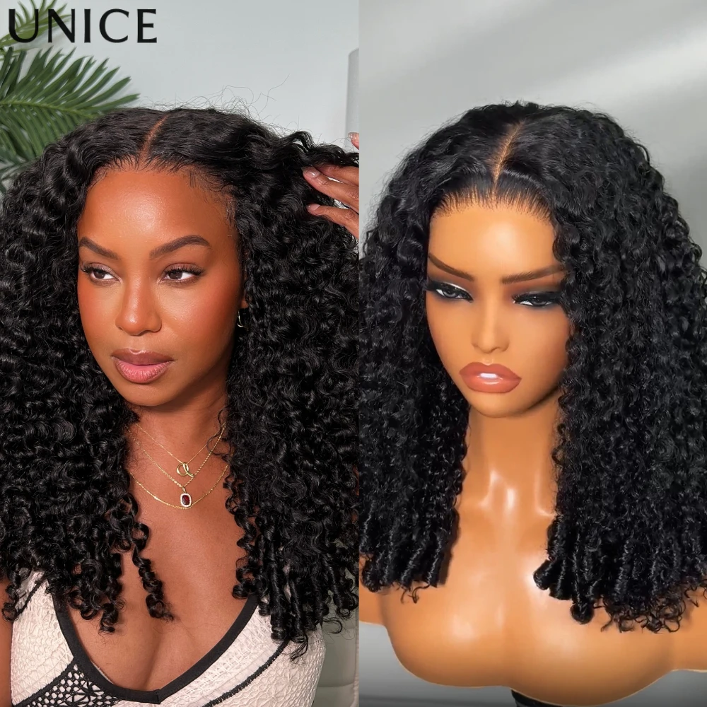 UNICE 7x5 & 13x4 Lace Curly Wig With Finger Coil Ends Pre Cut Pre Bleached 100% Human Hair Glueless Drawstring Wig 150% Den