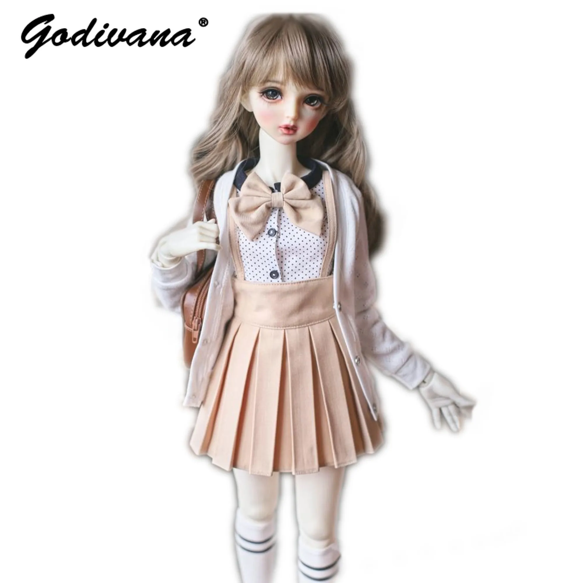 1/3 Bjd Doll Clothes Sweet Preppy Cardigan and Polka Dot Shirt with Suspender Pleated Skirt Socks School Uniform Doll Outfit - view 5