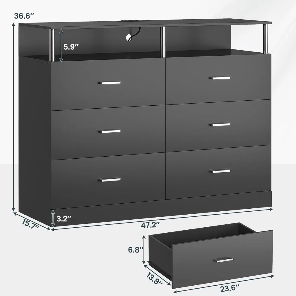 Black Dresser for Bedroom with 6 Drawers, Dressers & Chests of Drawers with Column Design & Charging Station, Modern Bedroom Led