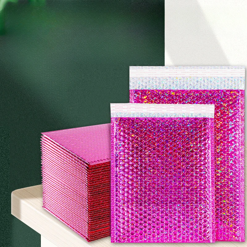 10 Pcs Holographic Packaging Supplies Rose Red Bubble Mailer Laser Shipping Bags Packing Bag Delivery Package Envelope Mailing