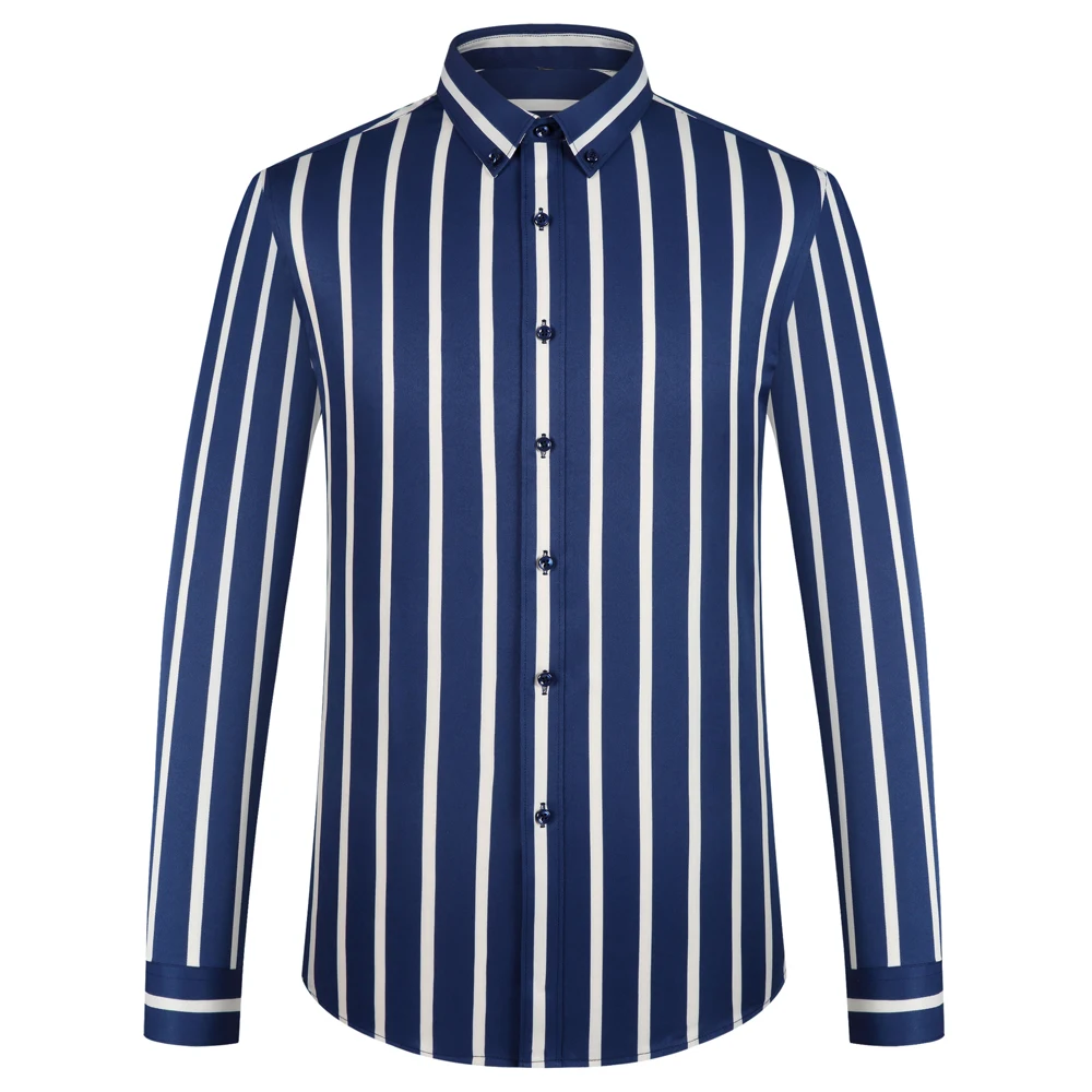 

Men's Striped Button-Down Collar Design Iron-Free Dress Shirts, Long Sleeve Stretchy Soft Casual Button Up Shirt for All-Seasons