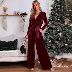 Women's Spring and Autumn New Fashion Slim-fit Romper V-neck Long Sleeve Lace-up Elegant Straight-leg Long Pants Jumpsuit Y2k