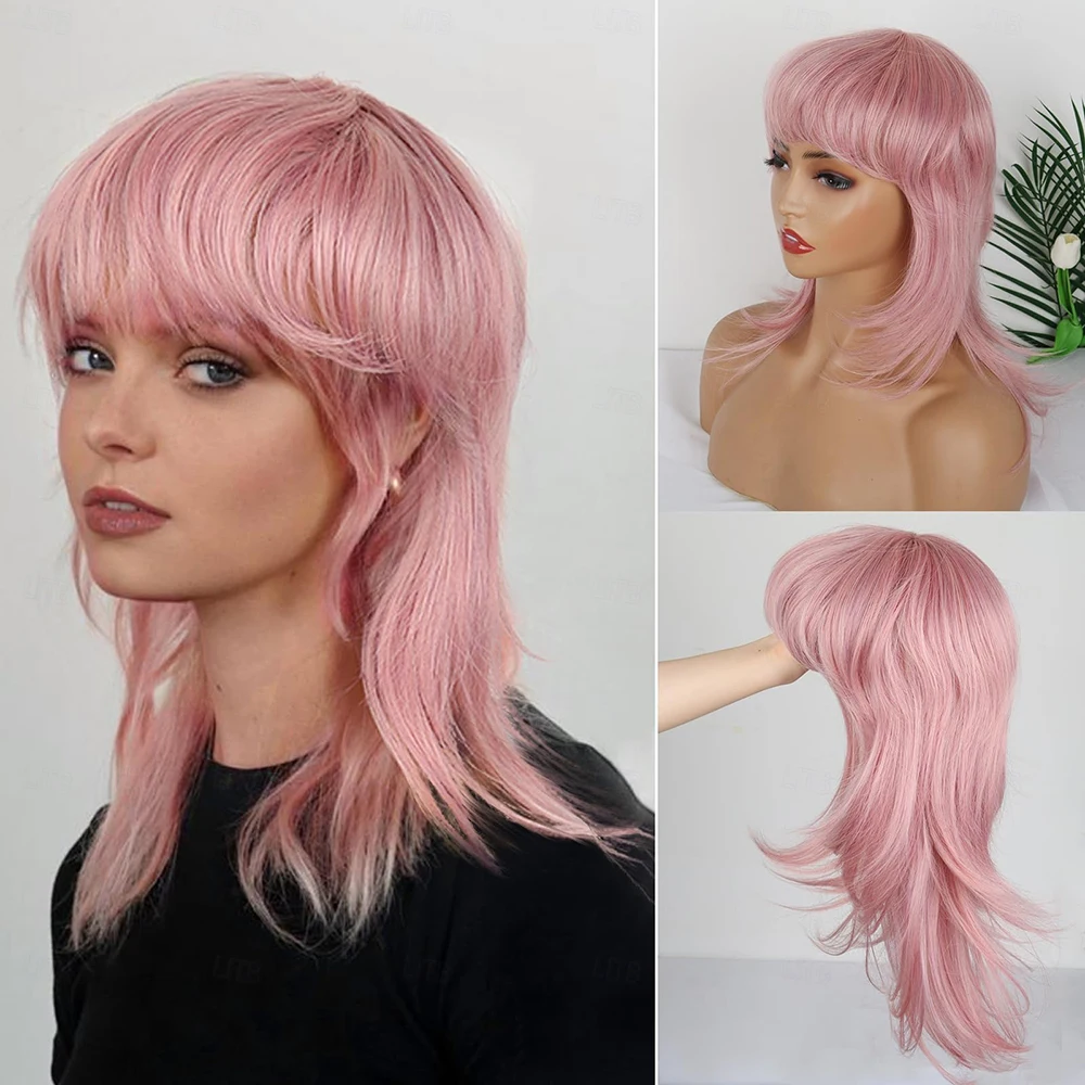HAIRJOY Peluca de pelo sintético en capas con flequillo, pelucas estilo Mullet de los años 80 y 90 para mujer, peluca de cosplay de rockero, pelucas de Halloween