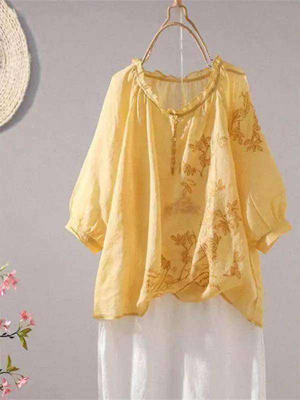 

Elegant Embroidered Loose Fit Summer Shirt Thin Half Sleeve Overhead Top for Women Cotton Linen Material round Neck Design