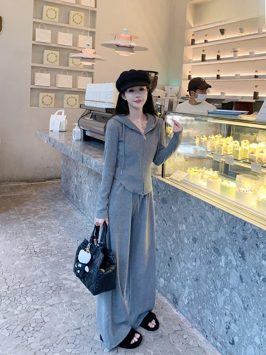 

Women's Autumn Winter Hooded Jaet Wide Leg Pants Two Piece Set Clete Outfit Casual Comfortable Long Sve Long Pants