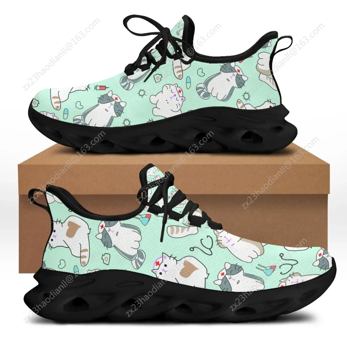 

Summer Spring Women Lace Up Casual Sneakers Teenager Girl Mesh Knit Sneakers Cute Nurse Cat Print Flats Female Shoe