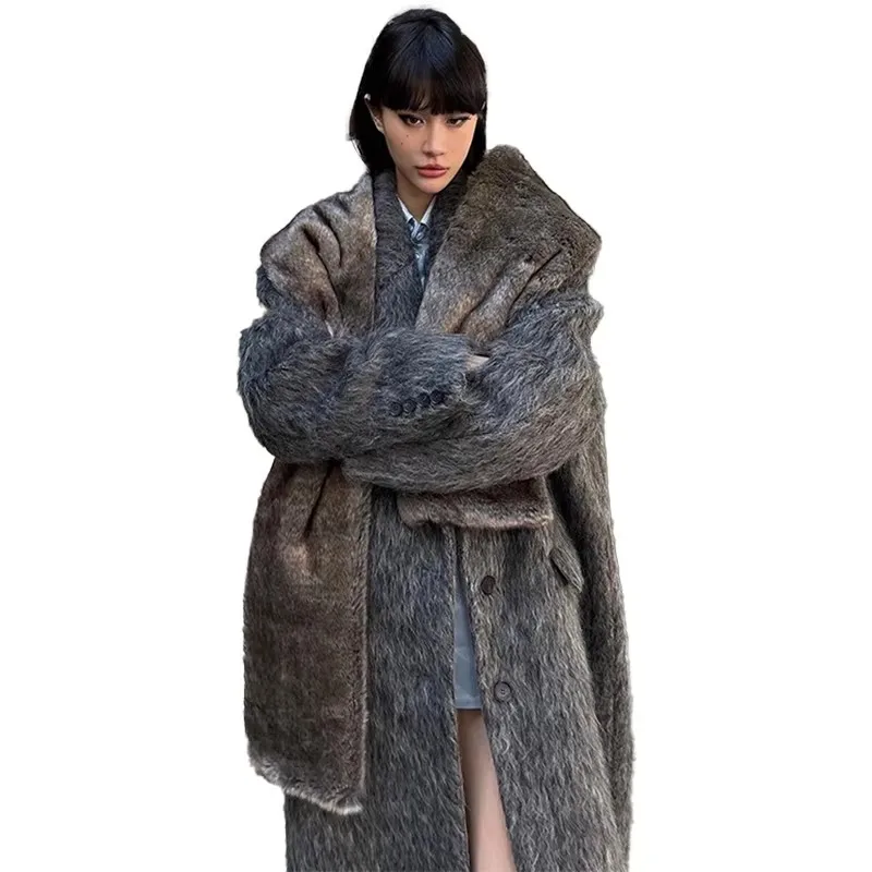 Mauroicardi Autumn Winter Oversized Extra Long Warm Thick Gray Wool & Blends Coat Women Loose Casual Fluffy Korean Fashion 2024