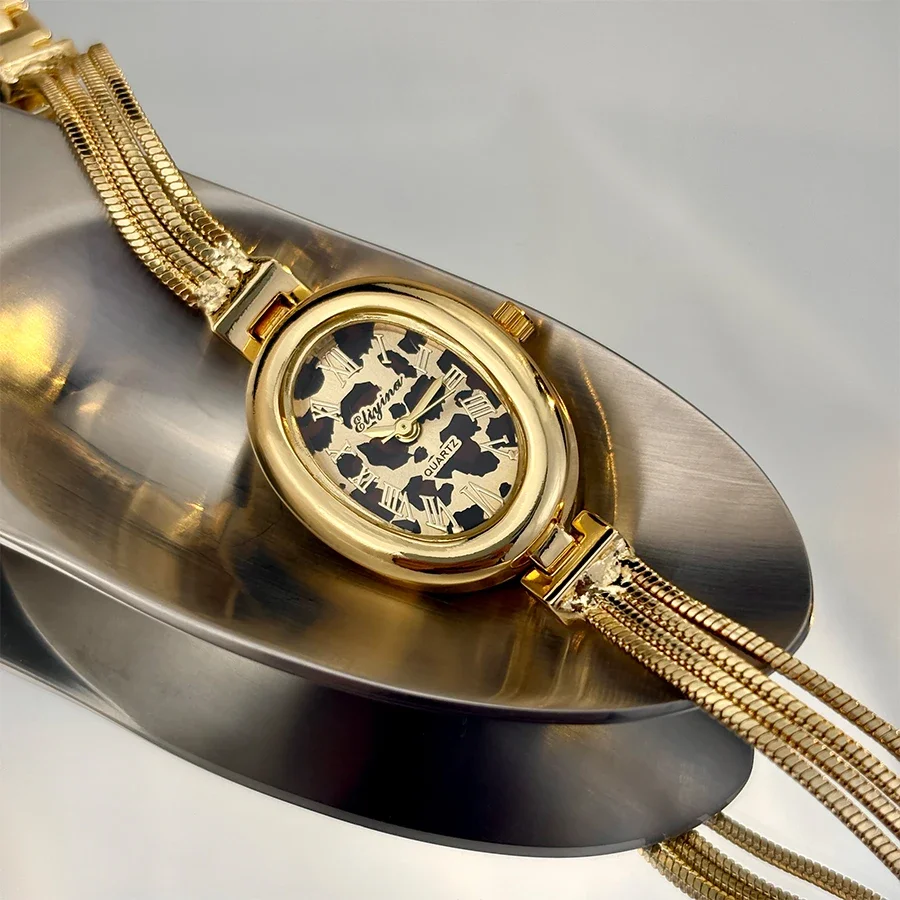 Elegant Oval Gold Ladies Watch Retro Roman Dial Metal Mesh Strap Women Quartz Wristwatch Relogio Feminino
