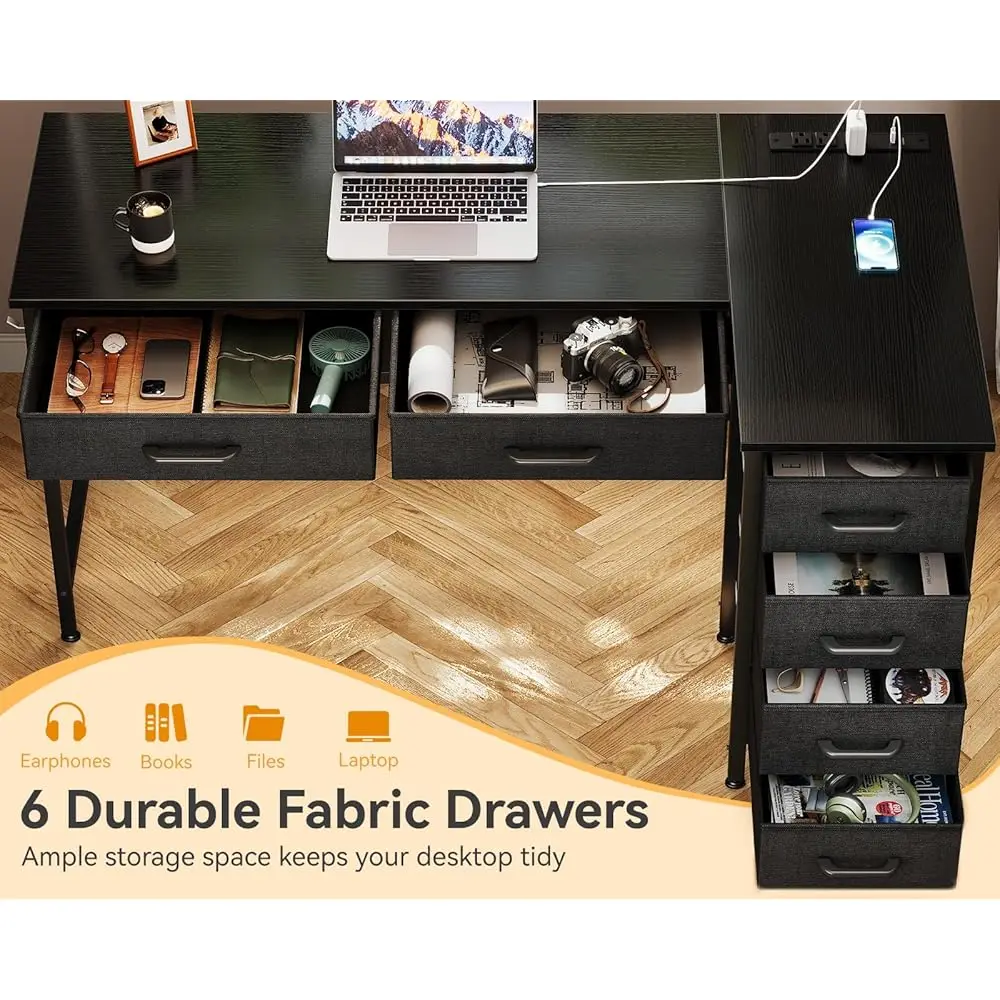 42 H L Shaped Desk With Drawers, Computer Desk With Power Outlets, Home Office Desk With 6 Drawers, Reversible Corner Desk For