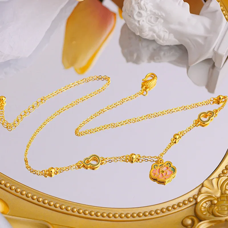 9999 Real Gold 24K Ancient Gold Guochao National Color Peony Burnt Blue Necklace Gourd Peony Flower Safety Lock Set Chain Female