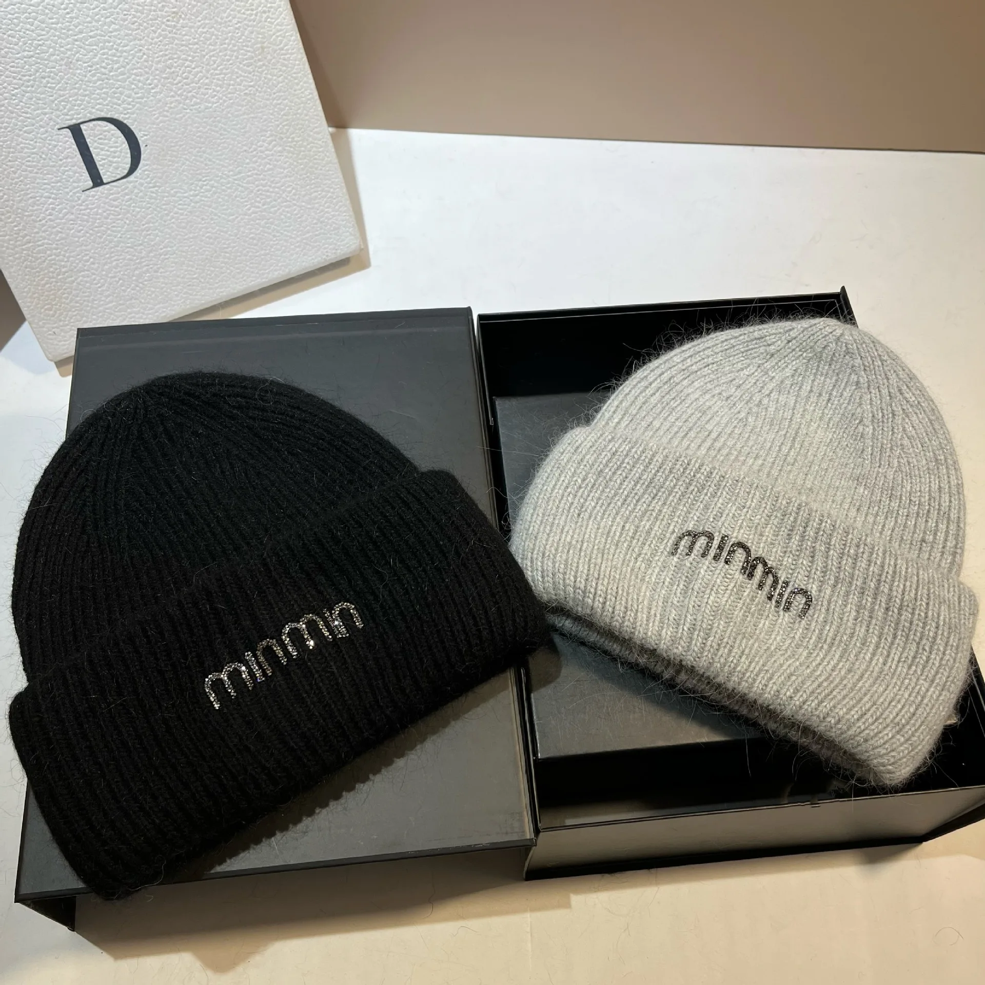 Luxury Rhinestone Knitted Hat  Real Rabbit Fur Wool Cap Unisex Fashion Winter Warm Bonnet Beanies