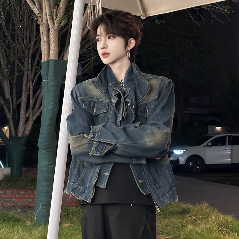 

Джинсовая куртка-бомбер Design Sensation для мужчин, весна-осень, эффект потертости, имитация двухслойного дизайна, удлиненный рукав, приталенный крой