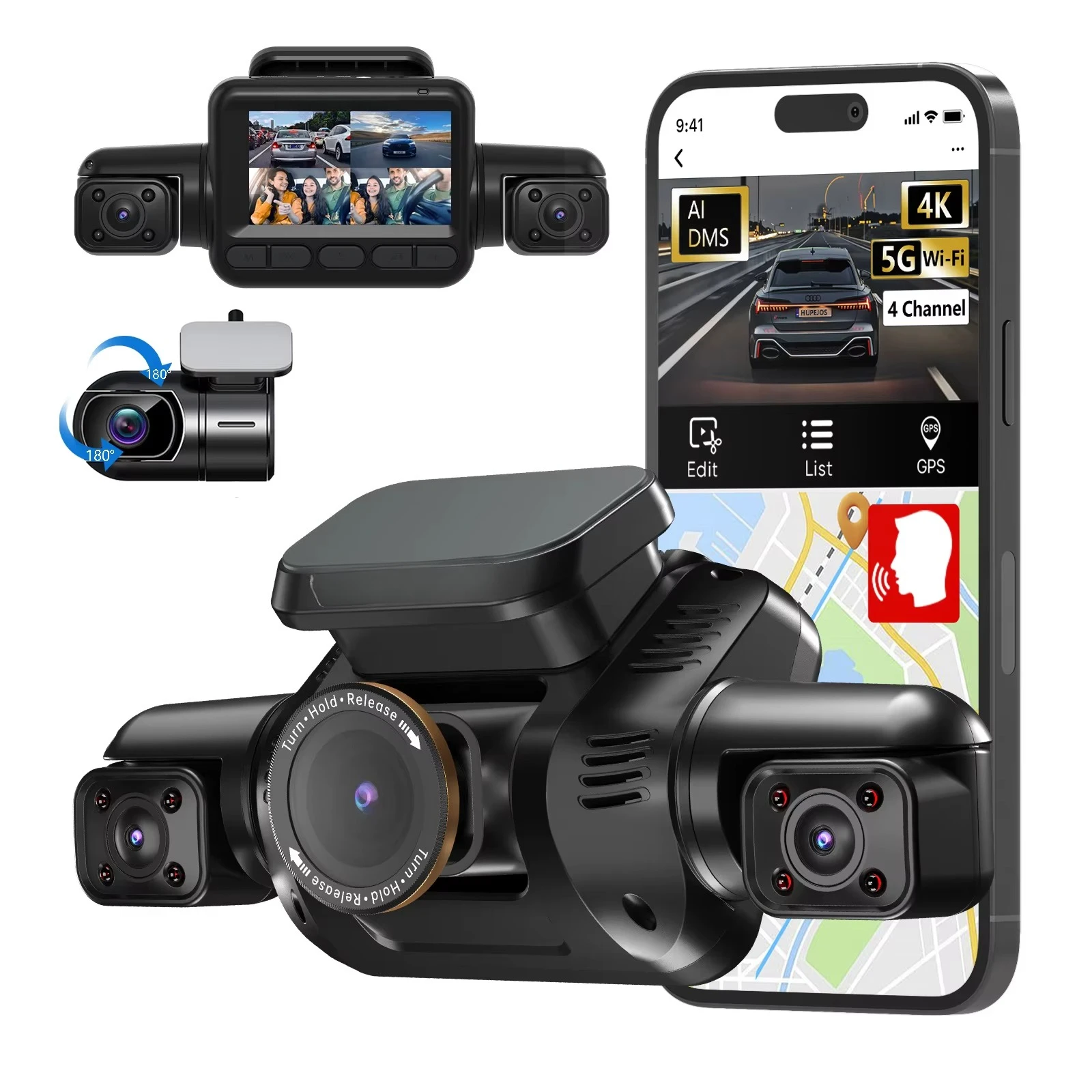 360 Degree 4 Lens 3K Dash Camera  Night Vision Dash Cam Car with 5G WiFi Universal Dash Cam for Car
