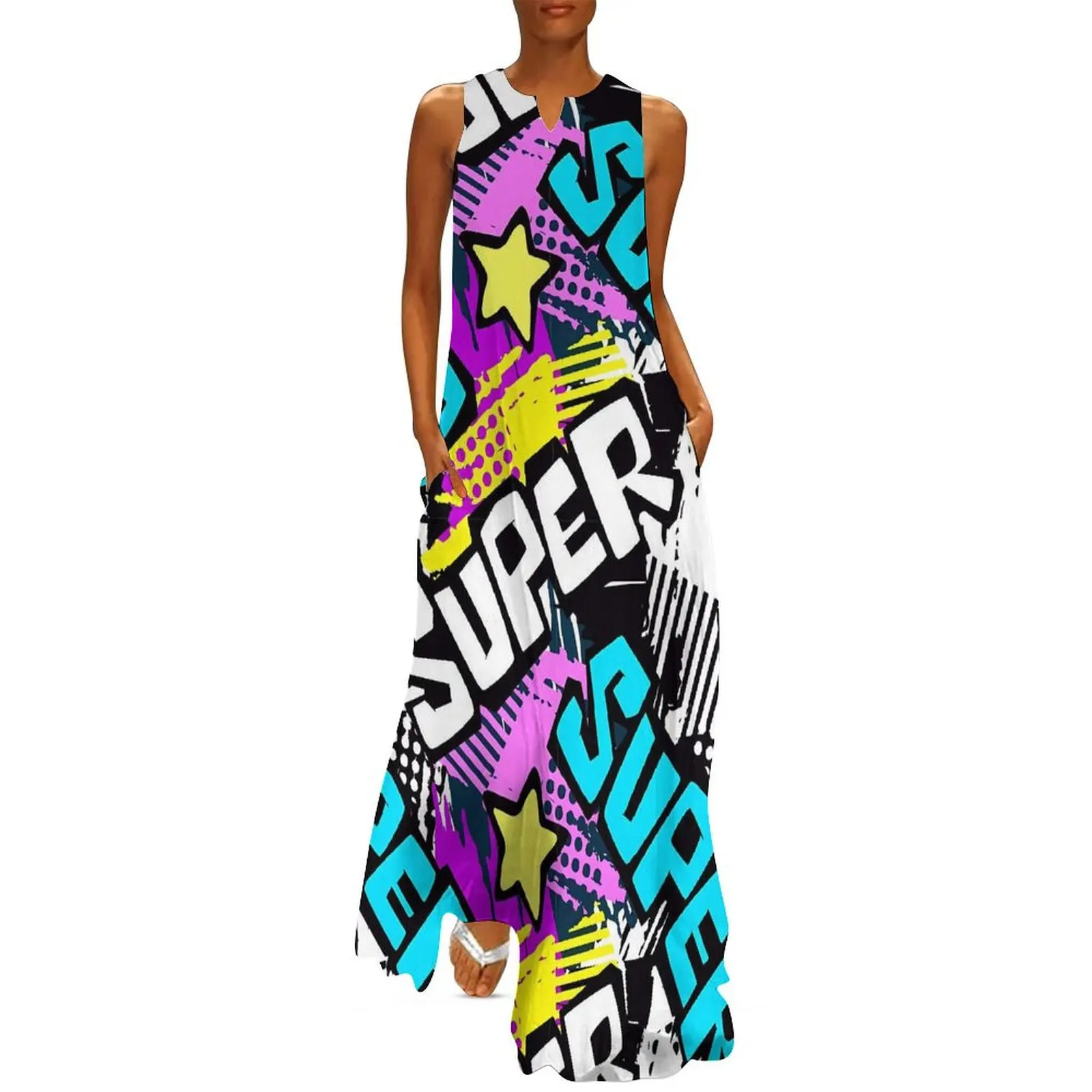 

Colorful Graffiti Dress Letter Print Party Maxi Dress Streetwear Casual Long Dresses Women V Neck Custom Oversized Vestido