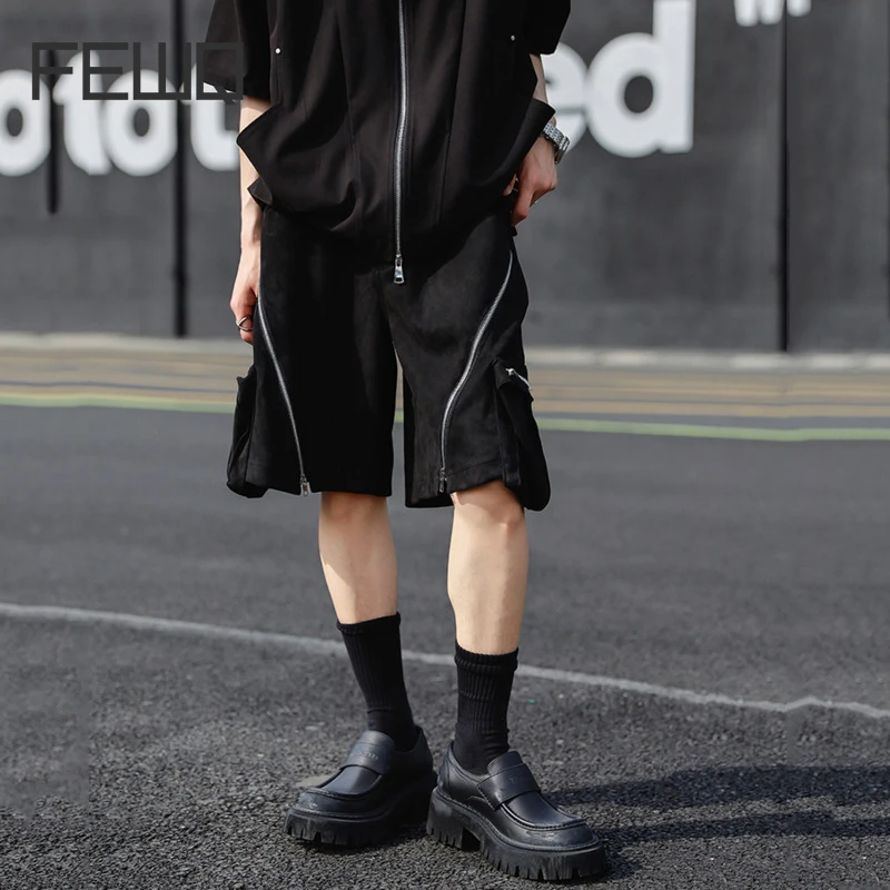 

FEWQ Zipper Suede Shorts Men's Summer Trendy Multi Pocket Sports Casual Pants 2024 Menwear Black Straight Wide Leg 9C5660