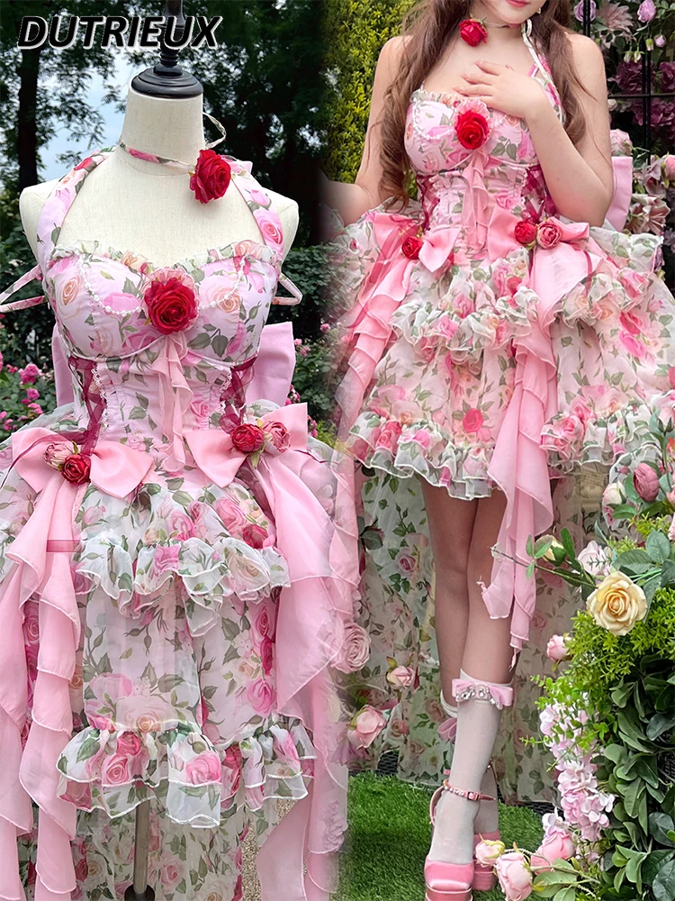 

Heavy Industry Three-Dimensional Flowers Ruffled Pleated Dress Women Summer New Elastic Slim Fit Slimming Birthday Party Dress