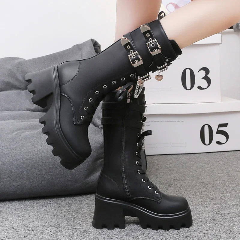 Autumn Women Punk Style Platform Mid-calf Boots Thick Sole Leather Motorcycle Boots 9CM Chunky Metal Buckle Short Boots Woman