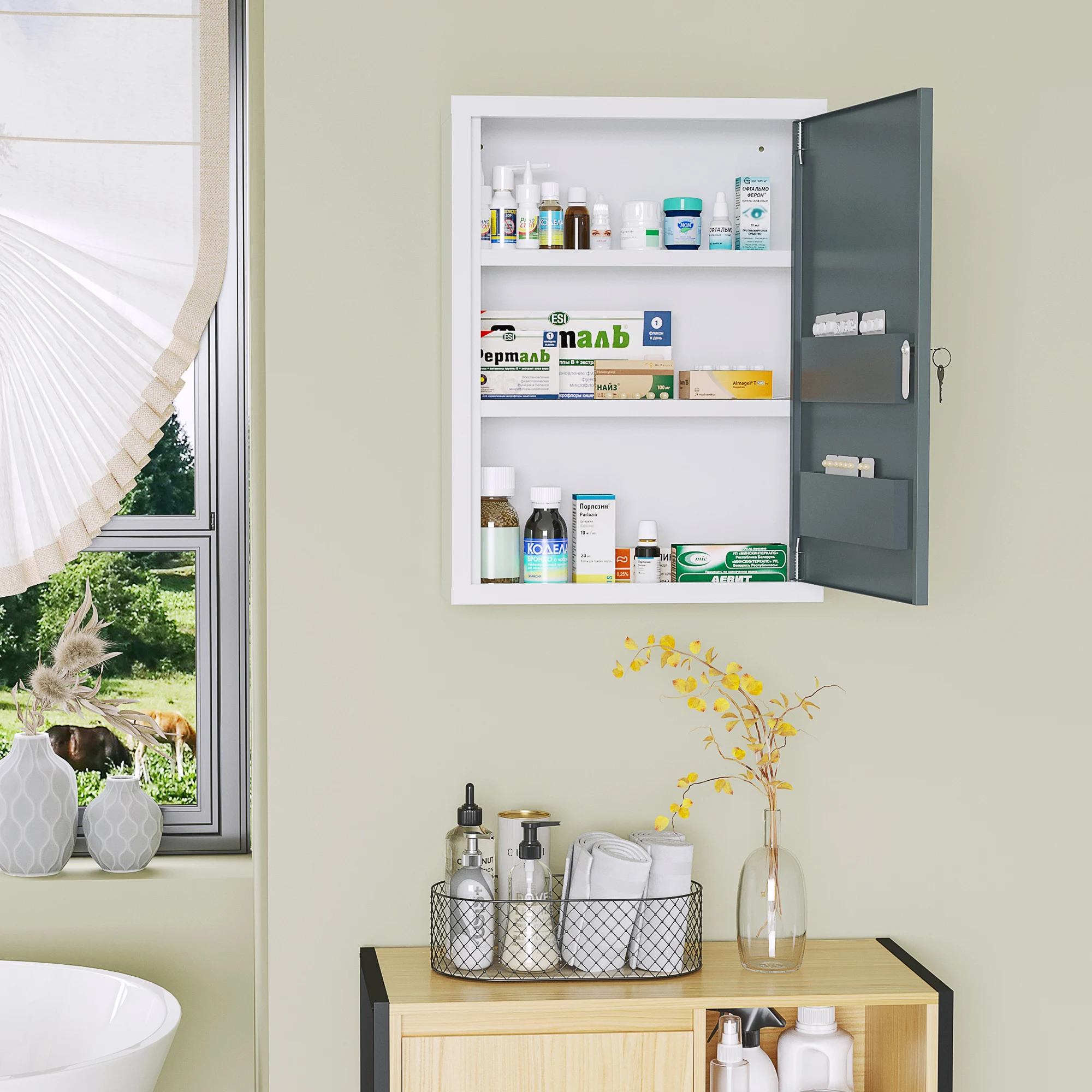 Bathroom Medicine Cabinet with Shelves Inside & On Door, Locking Medical Cabinet for Child & Pet Safety, First Aid Bathroom