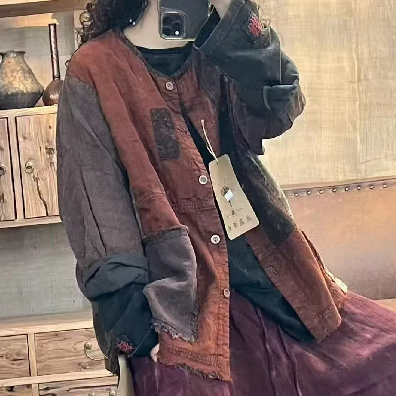 New Arrival Spring & Autumn Women Vintage Jackets Casual Loose Double-layer Cotton Linen Patchwork O-neck Outerwear & Coats T209