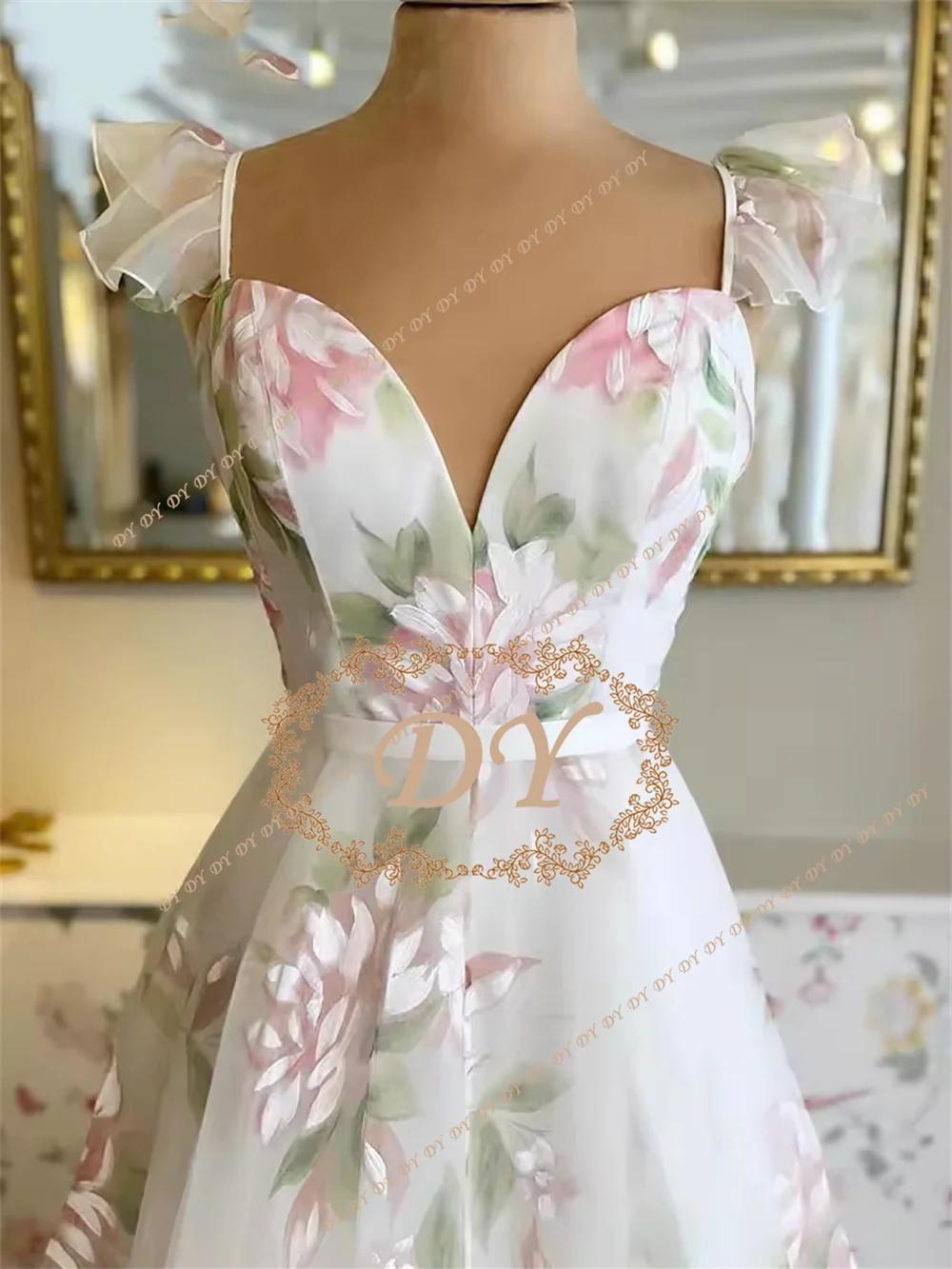 DY Fairy Flower Print Wedding Dress Ruffles Spaghetti Straps A-Line Bridal Gowns Customized Robe De Mariage Plus Sizes Corset