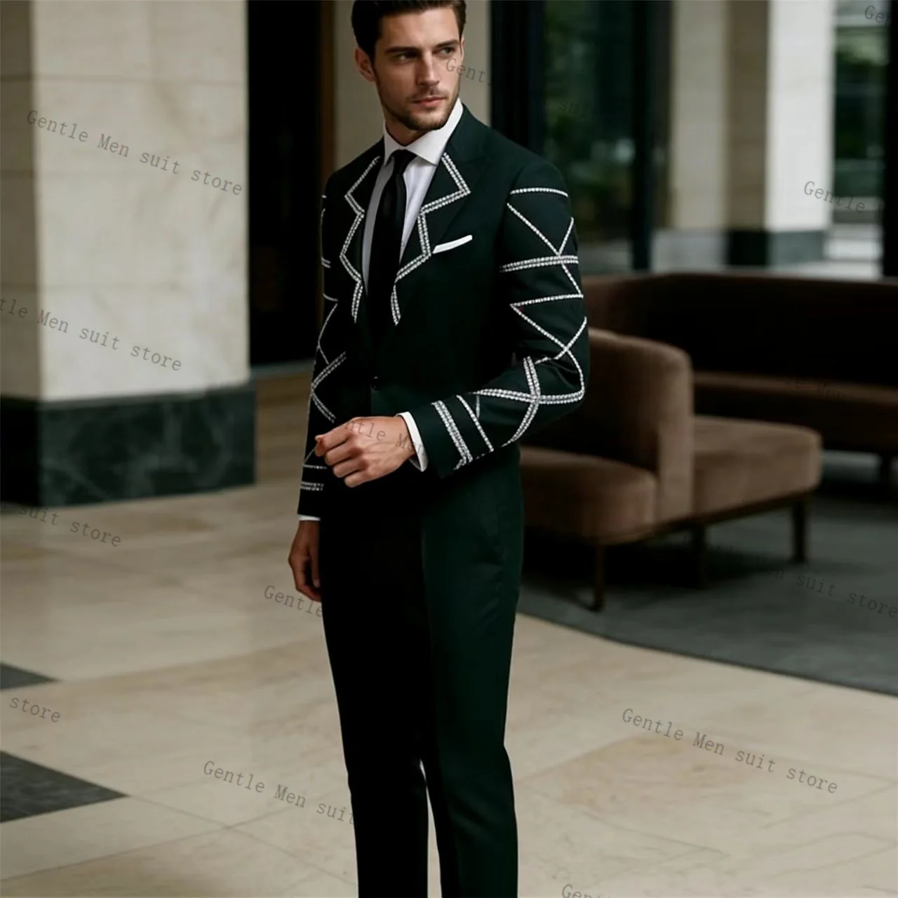 

Luxury Crystals Green Men Suit Set 2 Pcs Blazer+Pants Trousers Cotton Wedding Tuxedo Formal Office Jacket Coat Customized