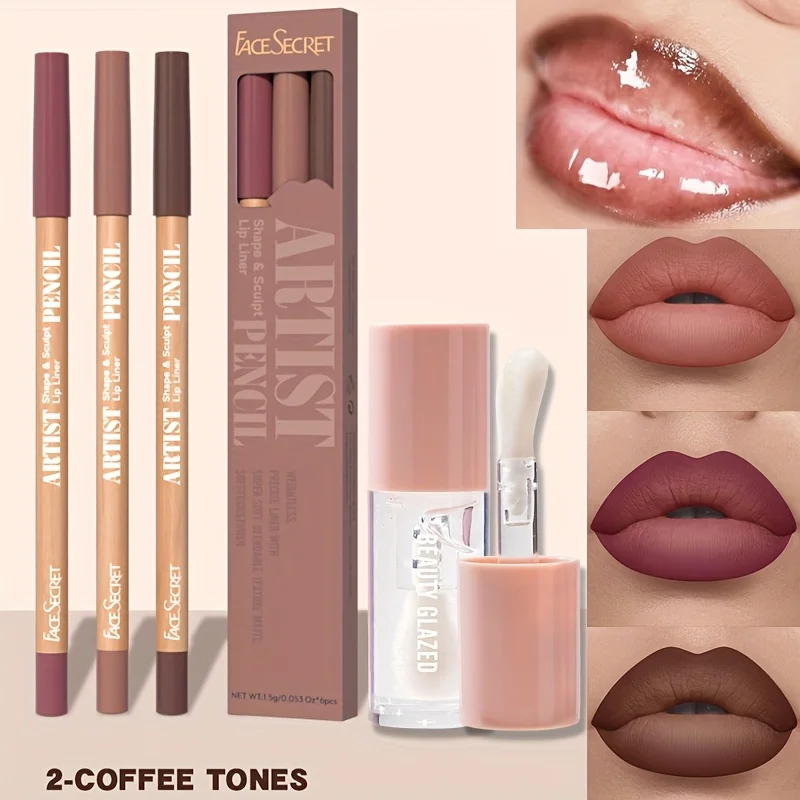 4pcs Matte Lipliner Lip Gloss Combo -Moisturizing Plumping Lip Oil  Lip Liner Set Waterproof & Matte Lip Liner Pencil