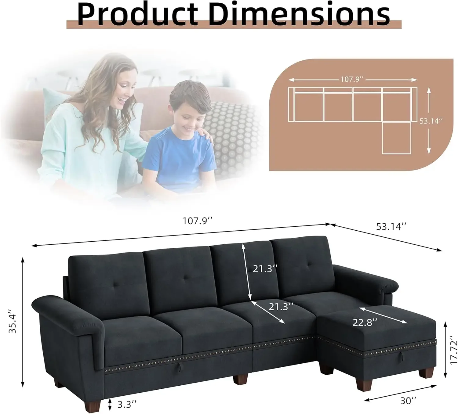 Jamfly Sofa ruang tamu, Sofa bentuk L dengan tempat penyimpanan, Sofa konvertibel 4 kursi dengan Ottoman