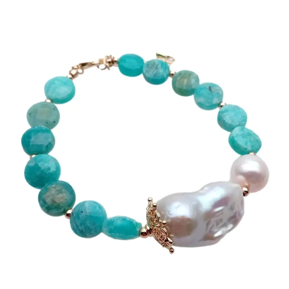 Y·YING Freshwater Cultured White Keshi Baroque Pearl Natural Green Peruvian Amazonite Coin Shape Beaded Bracelet