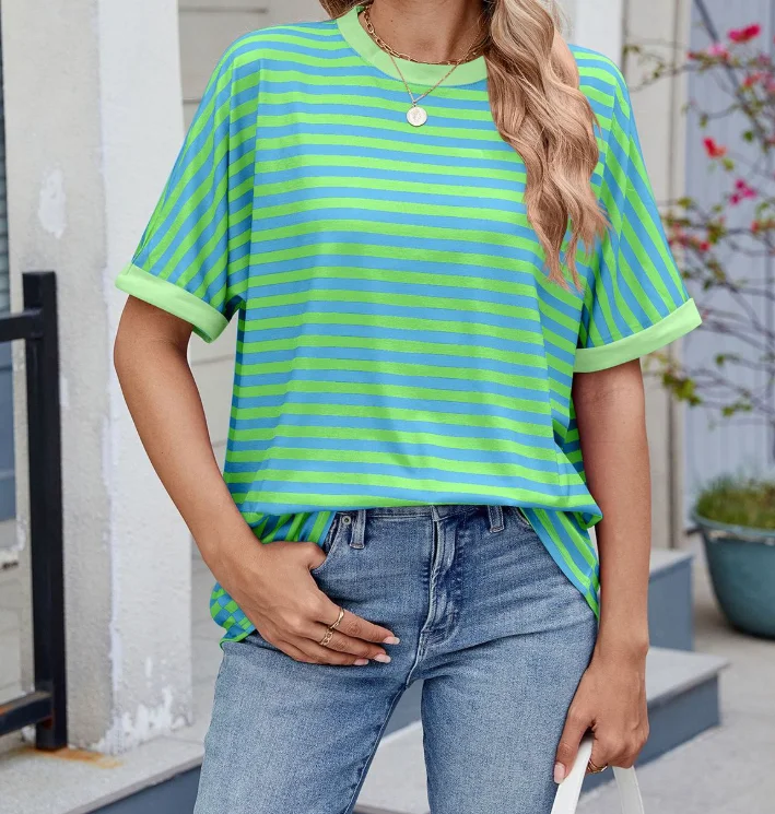 

Women's Fashion Versatile T-Shirt 2025 Spring Summer Latest New Striped Contrasting Round Neck Loose Short Sleeved Top Blouses