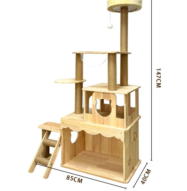 Wooden Cat Tree No Carpet Multi-Level Wood Cat Tower with Large Cat Condo Round Top Perch Scratching Post