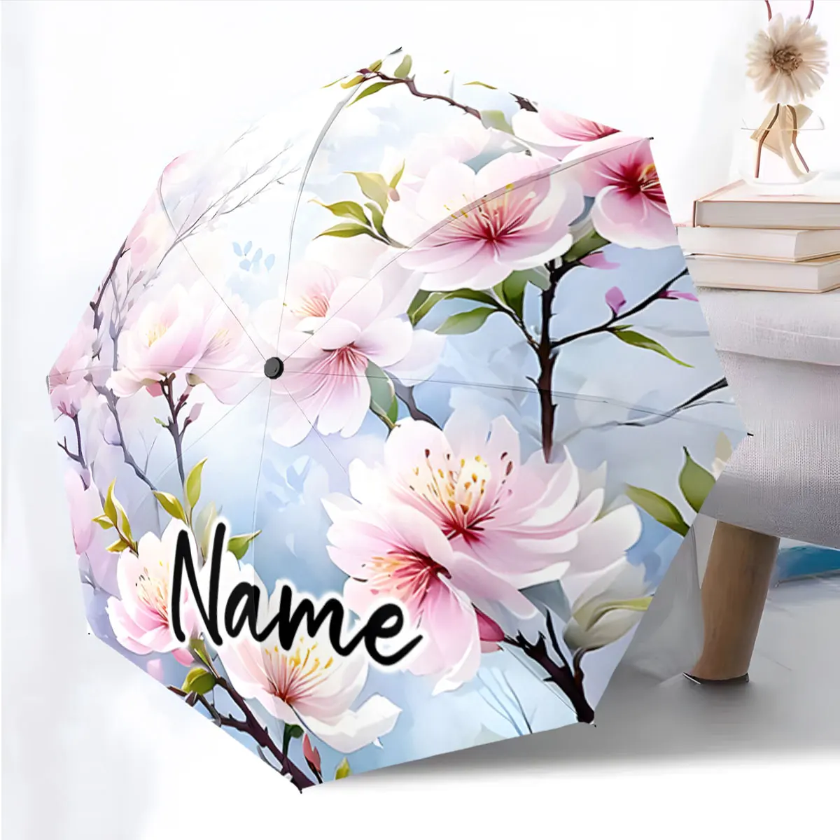Custom Name Umbrella Floral Elegance on the Umbrella Canvas Print 8 Iron Ribs Folding Umbrella Auto-Open Fashion Sunshade