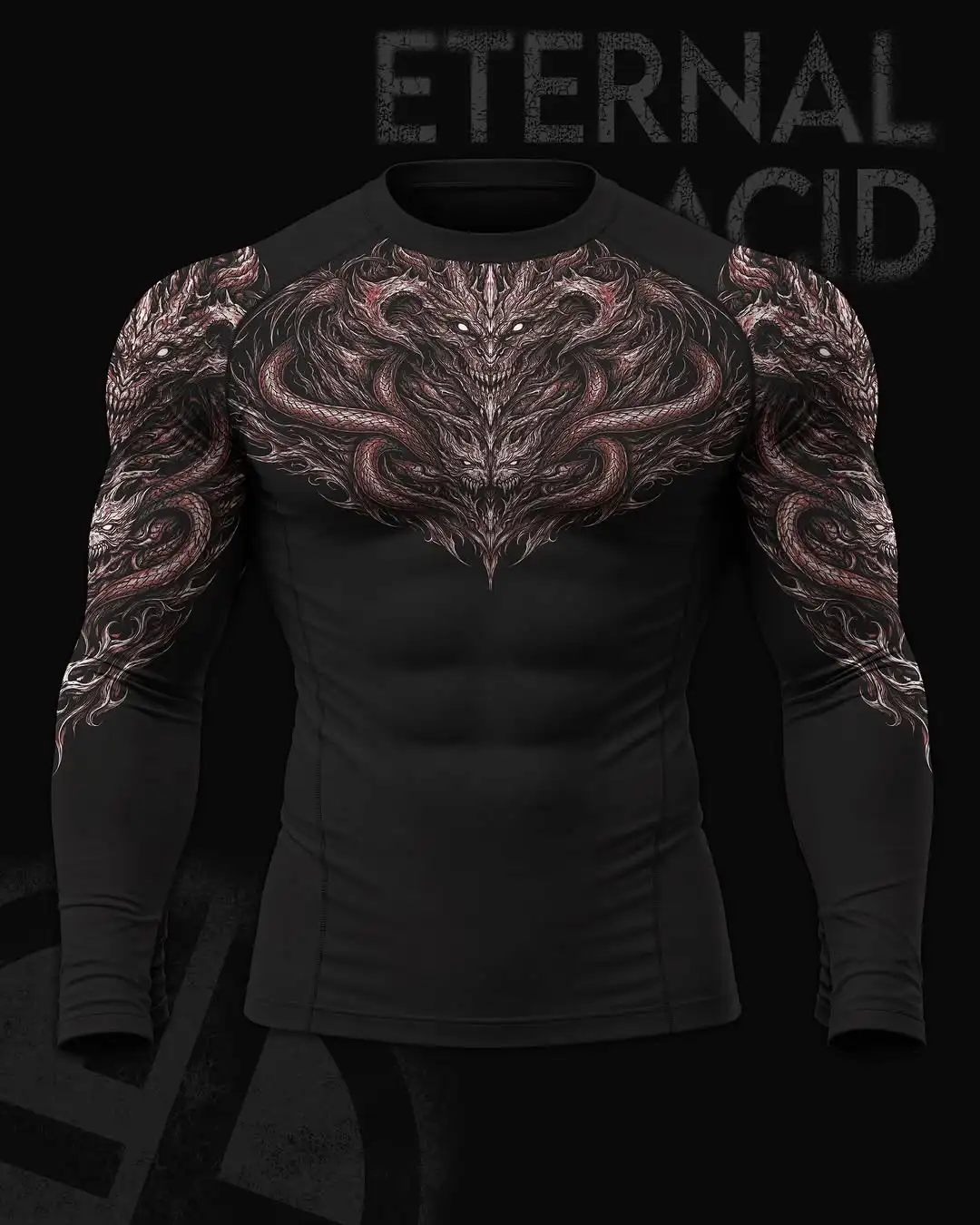 02-Men's Gothic Print Compression Tight Fit LONG Sleeve Sports Shirt Workout Tops Gym Compression Breathable High Stretch