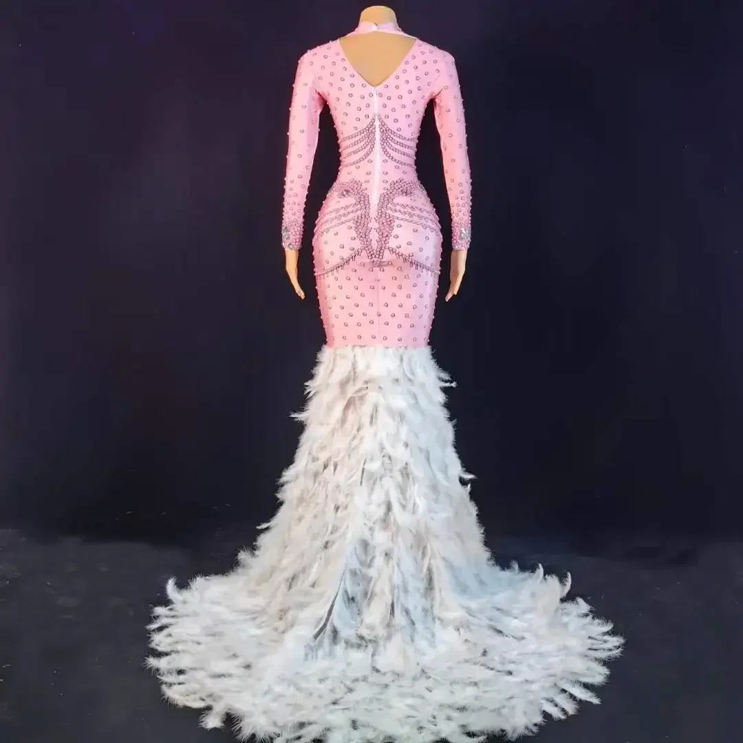 فستان نسائي طويل لامع من حجر الراين مع ريش ، فساتين ملكة عيد ميلاد ، وردي ، مقاس واحد ، مرن ، زي سحب ، احتفال زفاف