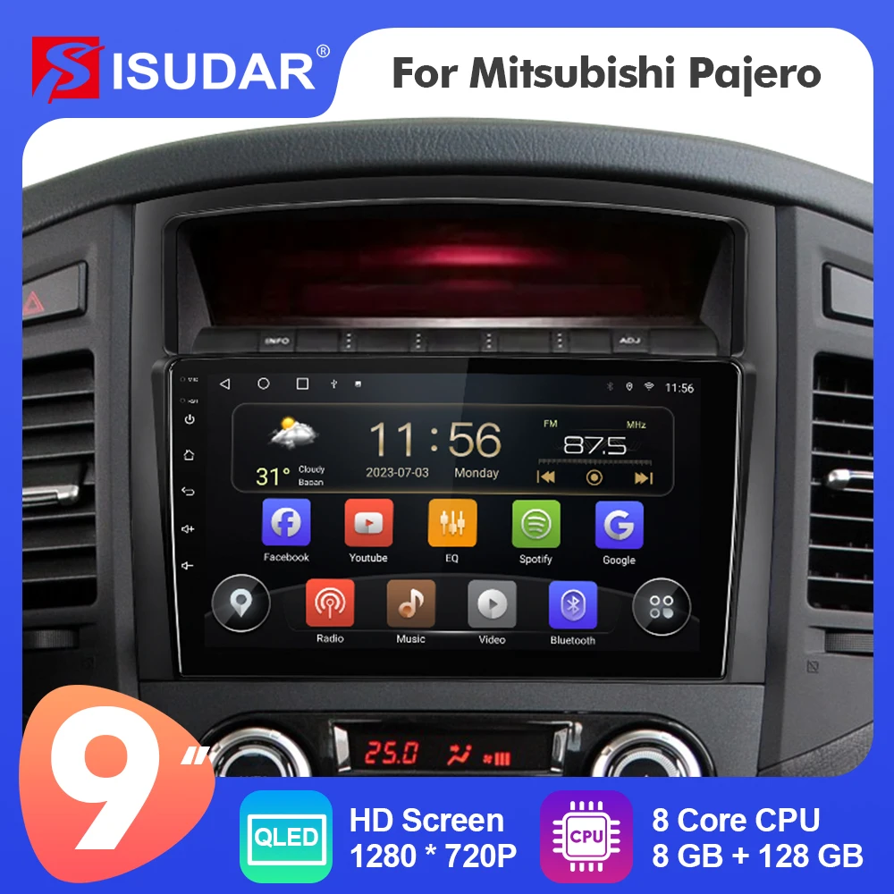 9 Inch Isudar Android 12 Car Radio For Mitsubishi Pajero 4 V80 V90 2006-2014 Carplay Auto Stereo No 4G WIFI Head Unit QLED 2din