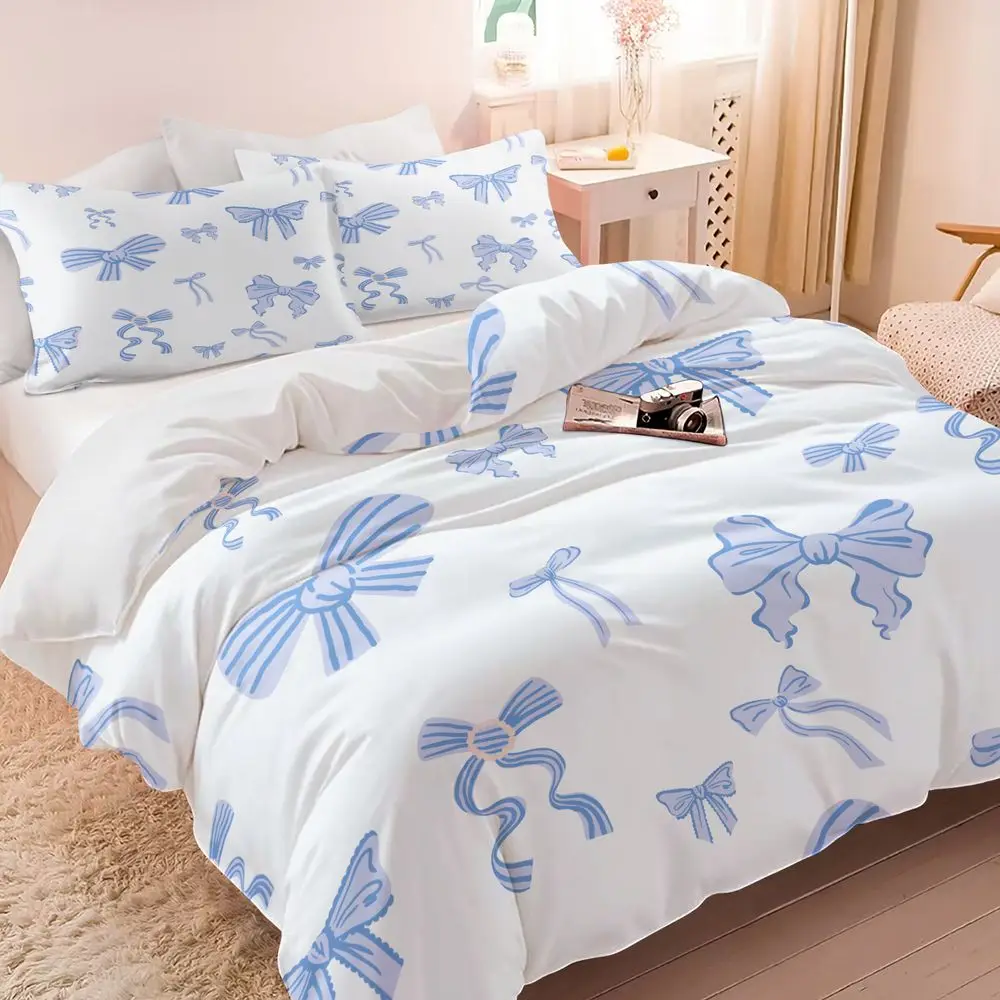

2/3Pcs Blue Bow Print Duvet Cover Set (1 Duvet Cover & 1/2 Pillowcase) Soft Aesthetic Bedding Set for Girls Bedroom Decor