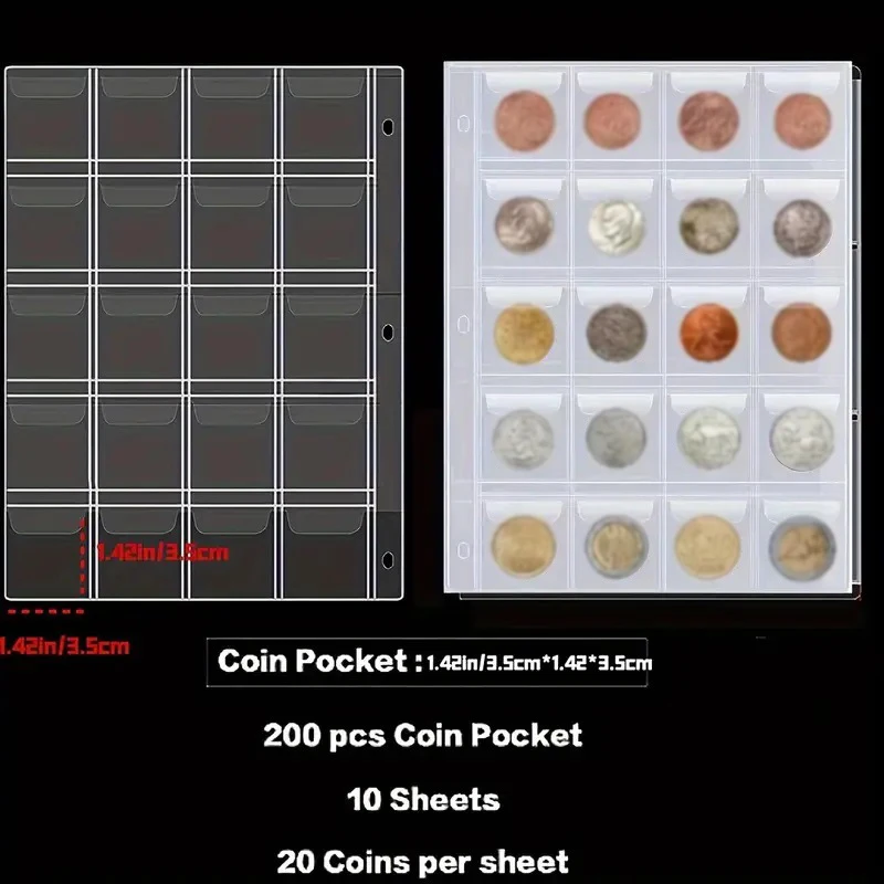 

Coin Collector's Album 200 Pockets Pu Leather 10-Page Money Organizer with Clear Storage Pockets for Coin Collection Book