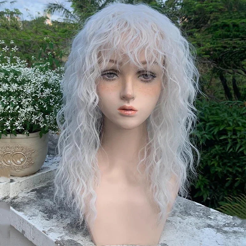 SEEANO Synthetic Cosplay Wig Long Curly With Bangs White Wig Pure White Wool Roll Lolita Women Halloween Cosplay Wig Female