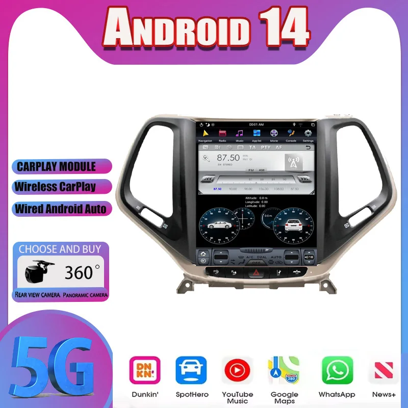Android 14 Auto For Jeep Cherokee 5 KL 2014-2018 Car Radio Multimedia Player Navigation GPS Stereo DSP 5G WIFI Carplay Screen