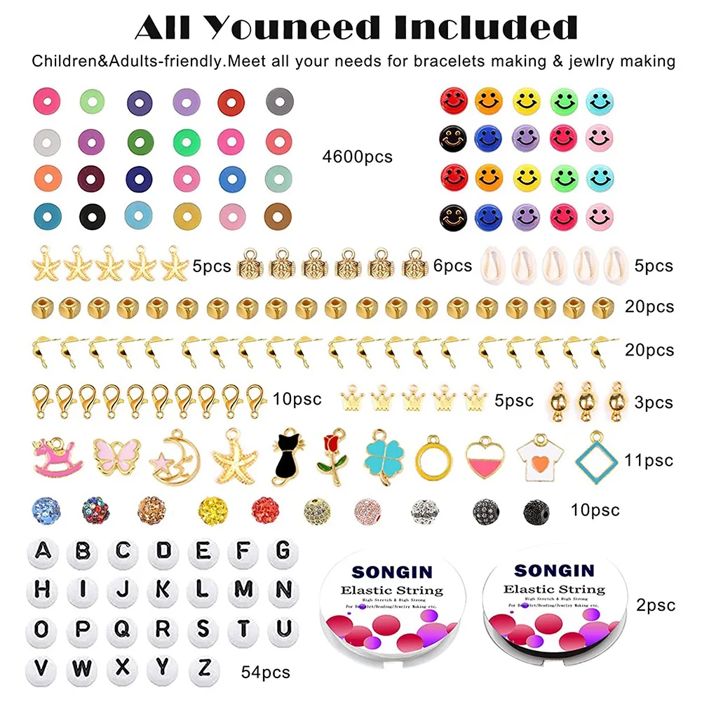 

4600Pcs Clay Beads Kits for Bracelets Making , Polymer Clay Flat Round Spacer Preppy Heishi Beads with Pendant Charms