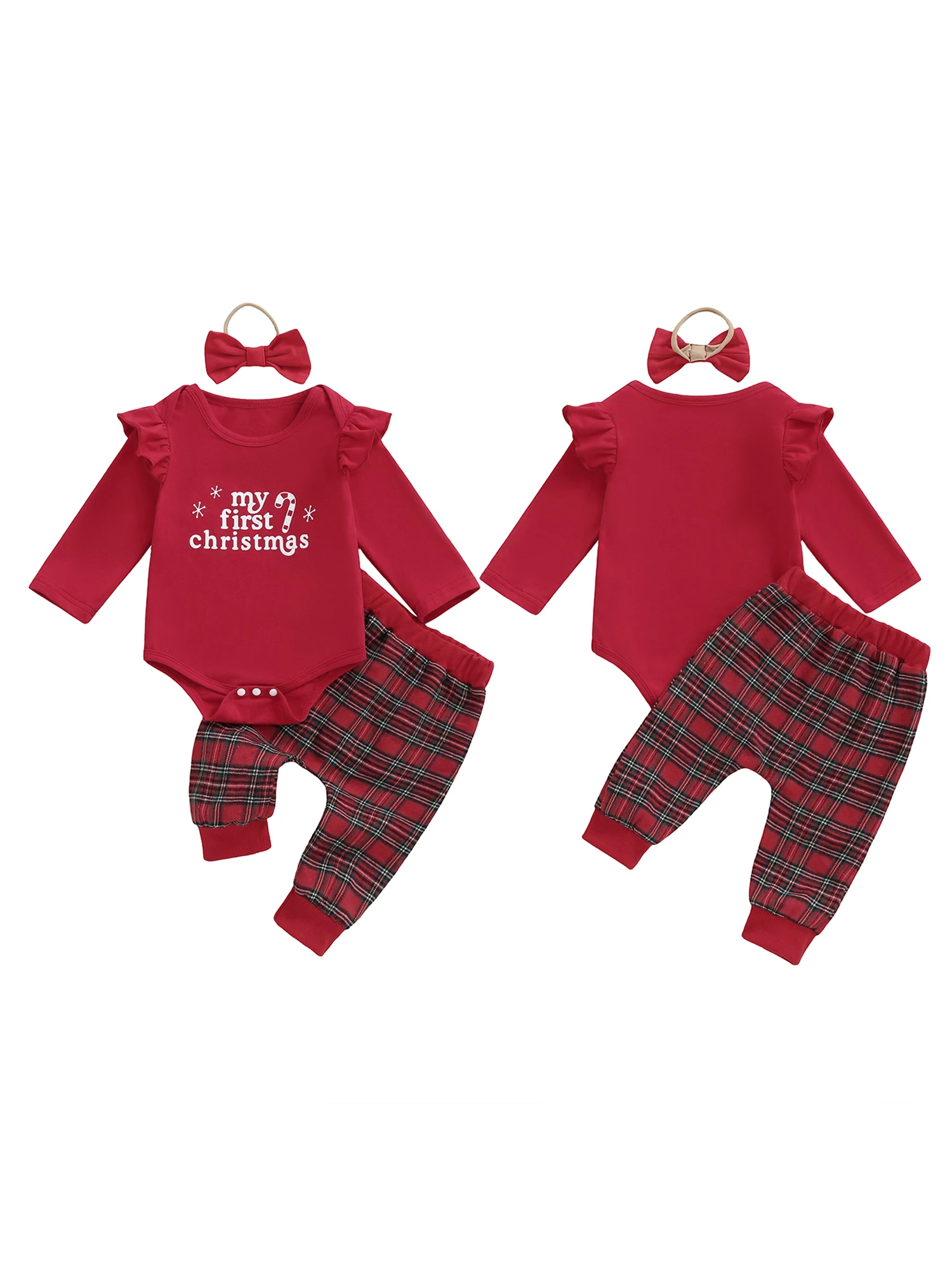 

Toddler Girl Winter Outfits 3Pcs Set with Cute Reindeer Printed Romper Plaid Pants and Matching Headband for Christmas