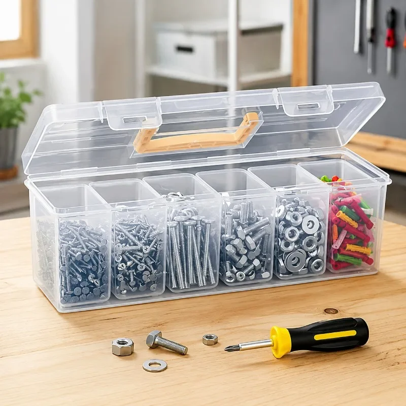 7Pcs Portable Tool Storage Box, Clear Plastic Parts Organizer with 6 Removable Bins, Heavy Duty Hardware Case for Screws Nails