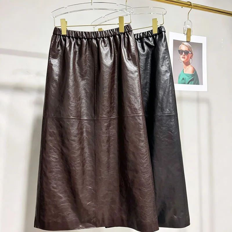 Imported Waxed Sheepskin Midi Skirt Women Plus Size Elastic High Waist A-line Straight Genuine Leather Skirts Jupe Longue Femme
