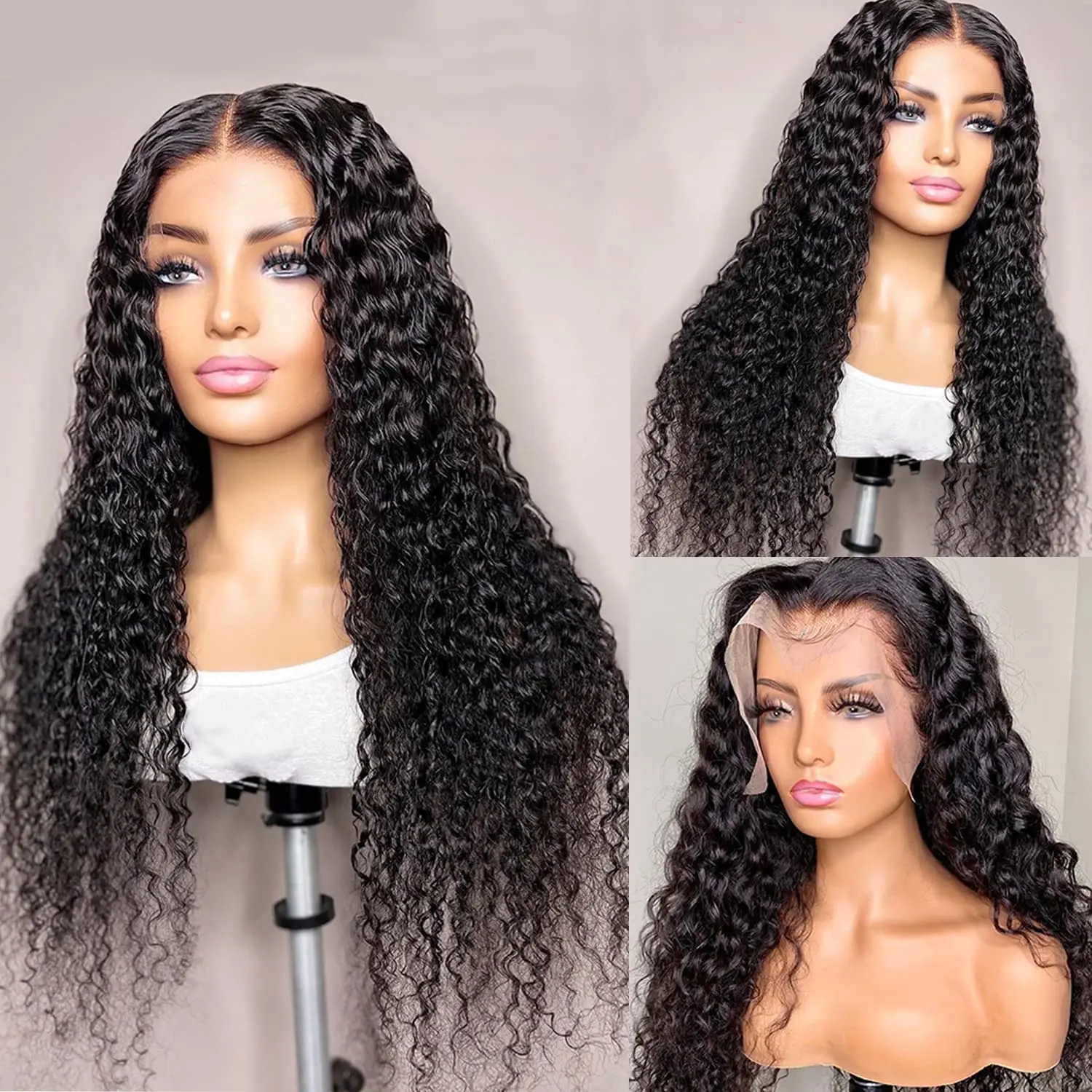 Perruque Lace Front Wig 180% naturelle bouclée, cheveux humains, pre-plucked, HD, 13 age