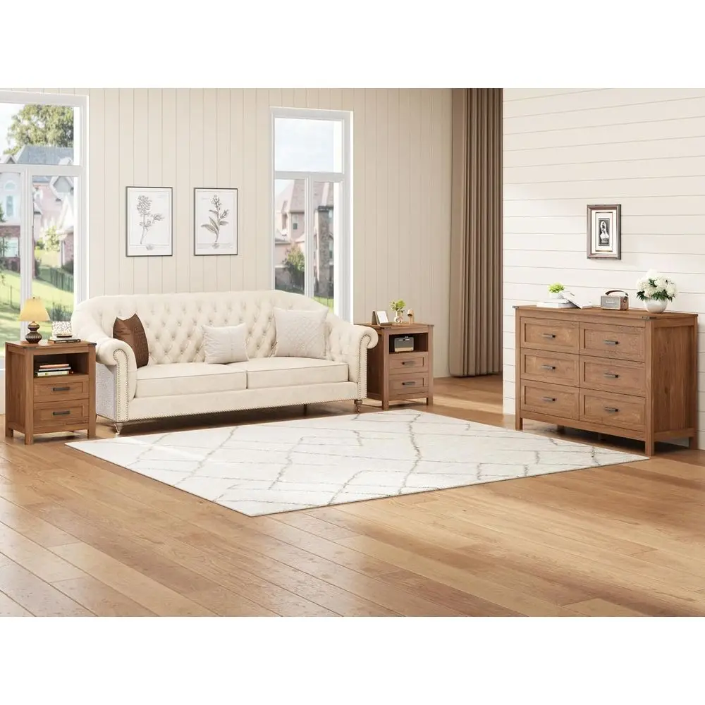 

3-Piece Bedroom Furniture Set: 6-Drawer Dresser & 2-Drawer Nightstands in Retro Style, Brown