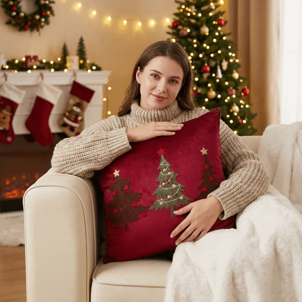 Creative Embroidered Christmas Pillowcase Exquisite Soft Plush Throw Cushion Case Cozy Square Sofa Pillow Cover Sofa