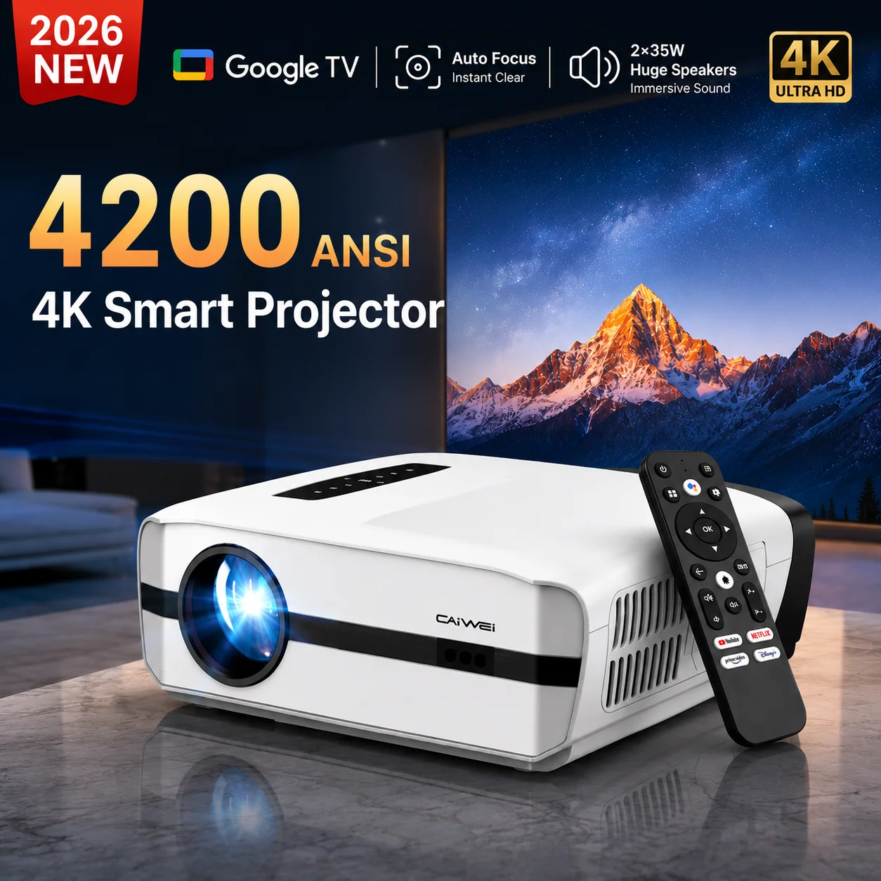 CAIWEI A9S Projector 4K Ultra HD Google TV 4200 ANSI Daylight Viewable Home Theater 1080P Auto Focus Smart Projectors 2026 New