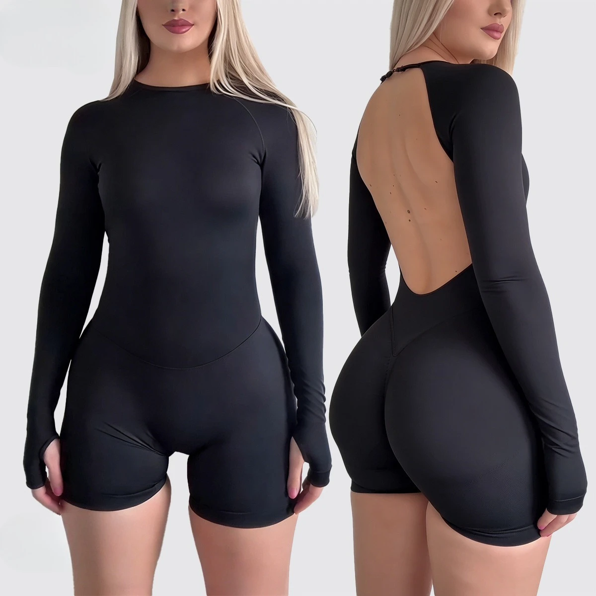 

Женский комбинезон ENYFD Impact с длинными рукавами, без спинки, корректирующий фигуру, с эффектом подтяжки ягодиц, для бега, спорта, фитнеса, йоги, шорты-комбинезон