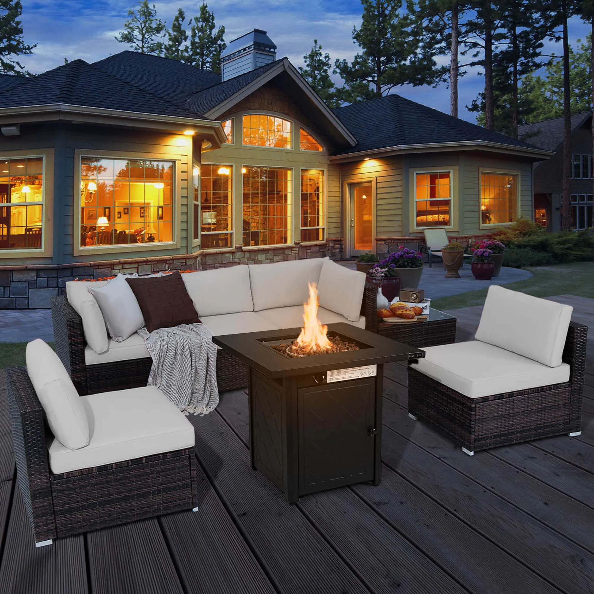 

7 PCS Patio Furniture Set with 28" 50000 BTU Propane Gas Fire Pit Table Cushions Off White