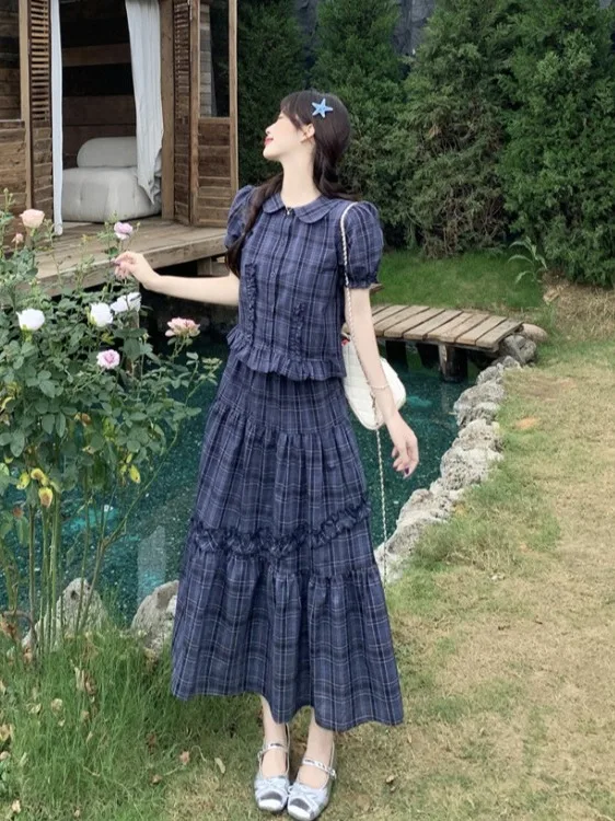 

plus Size Women's Retro School Style Shirt with Wood Grain Plaid Short Sleeve High Waist Skirt Set Summer New Arrival