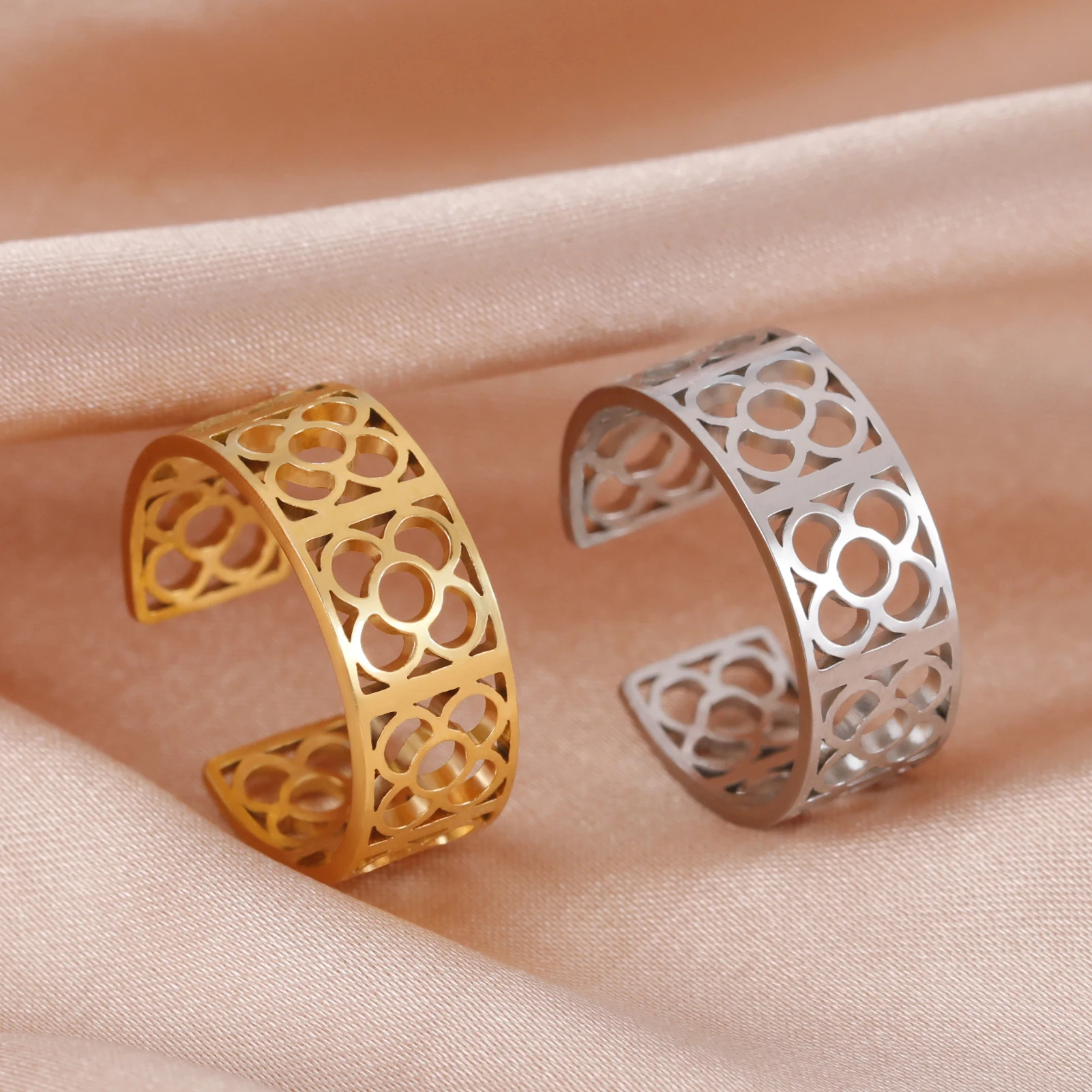 Cazador Gold Color Barcelona Flower Square Rings for Women Stainless Steel Adjustable Finger Ring Jewelry 2024 Gift Wholesale